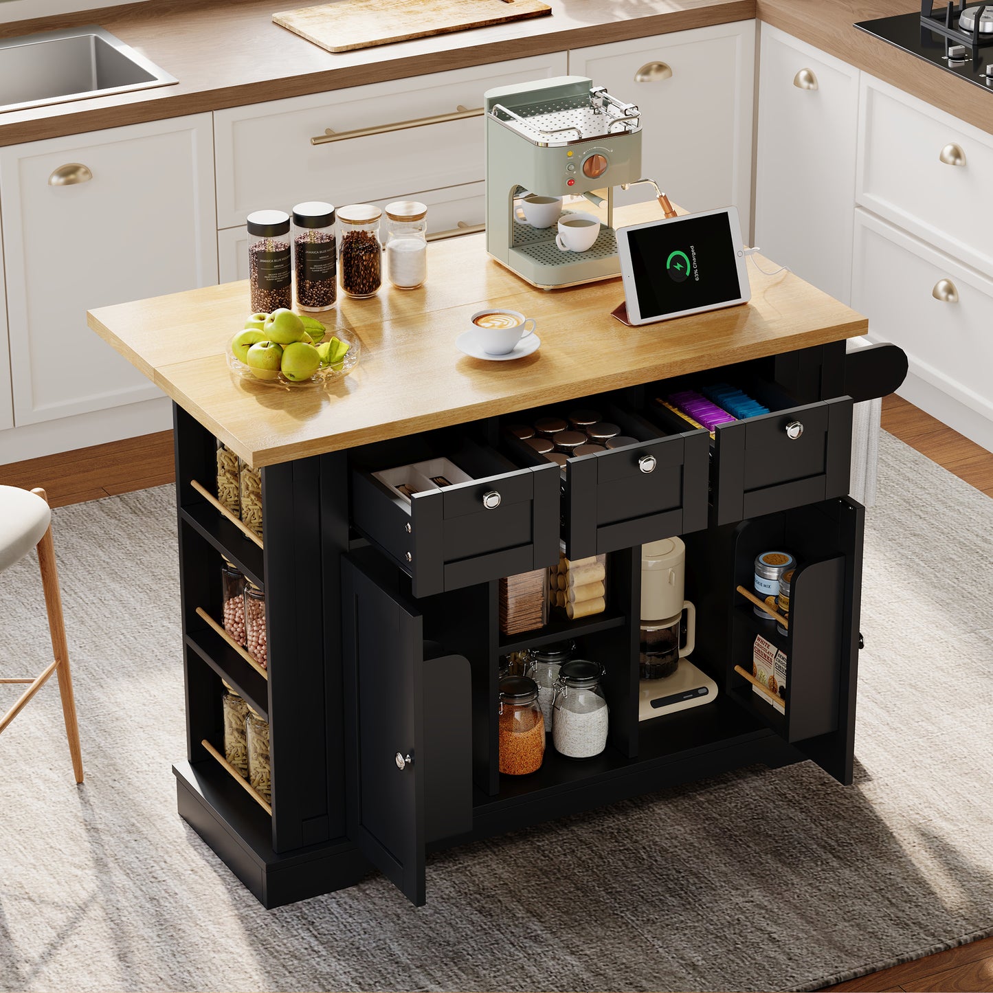 132cm Kitchen Island On Wheels, Dropleaf  Trolley, Farmhouse Style, Foldable Countertop, Drawer, Spice Rack, Towel Holder, 5 Wheels, Integrated Socket, Charging Station, Kitchen Dining Livingroom