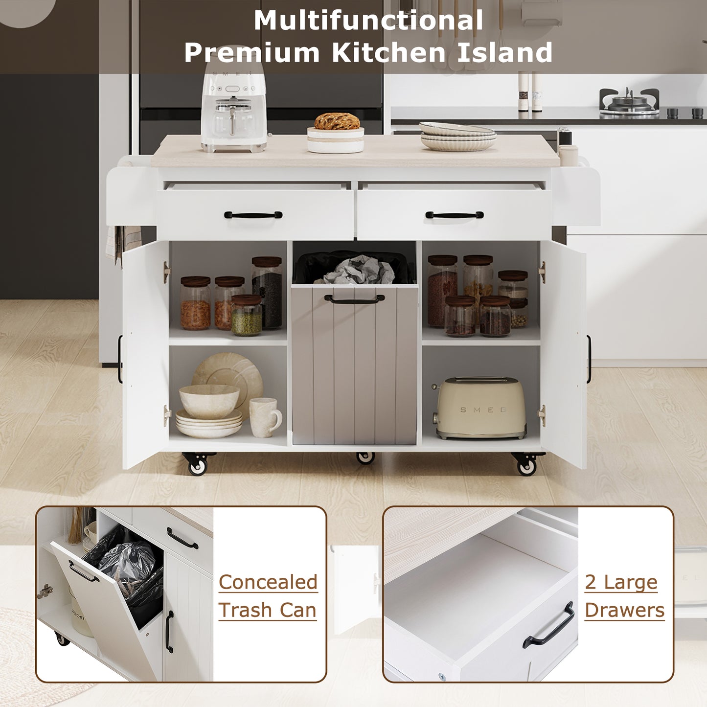 K&K Kitchen Island With Trash Can Storage Cabinet, Kitchen Cart With Drop Leaf, Spice Rack, Towel Rack And Drawer, Rolling Kitchen Island On Wheels With Adjustable Shelf, White
