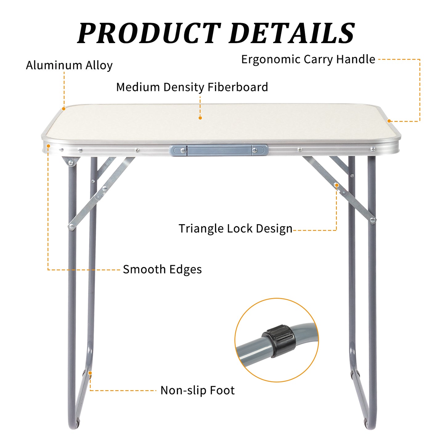 2.3ft Portable Aluminum Folding Camping Table, 70-50cm Lightweight Foldable Table For Outdoor Picnic, Indoor Dining