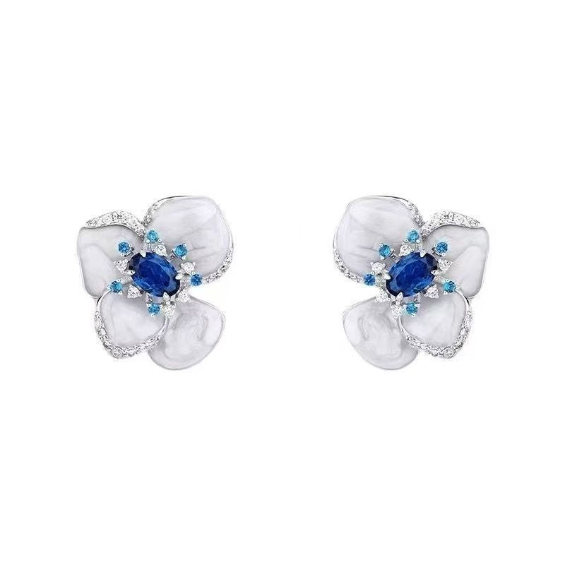 Sparkling 3D Blue Flower Stud Earrings, New Chinese Style Light Luxury Elegant High-End Ear Jewelry For Women