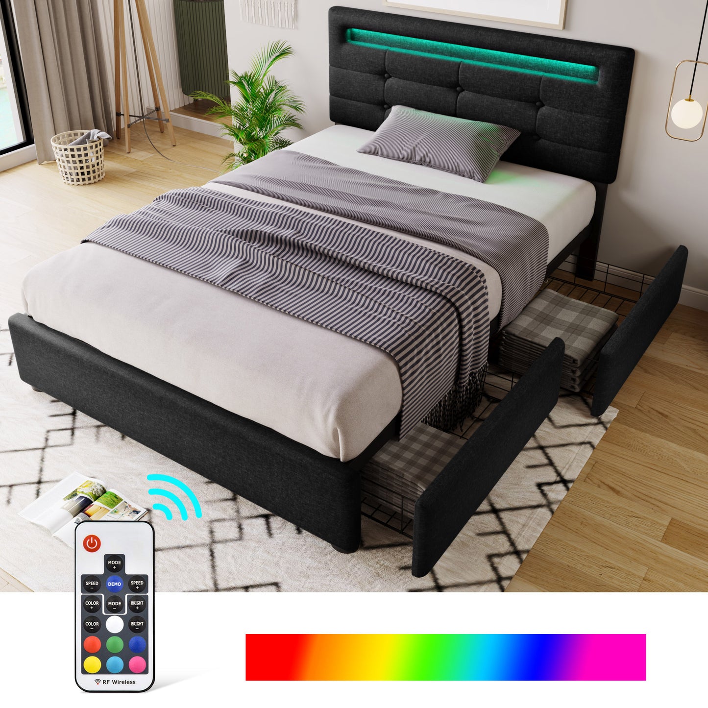 Bed Frame With LED Lighting And 2 Drawers, Single Bed Upholstered Bed 90x200cm, Height-adjustable Headboard, Wooden Slatted Base, Black  Without Mattress