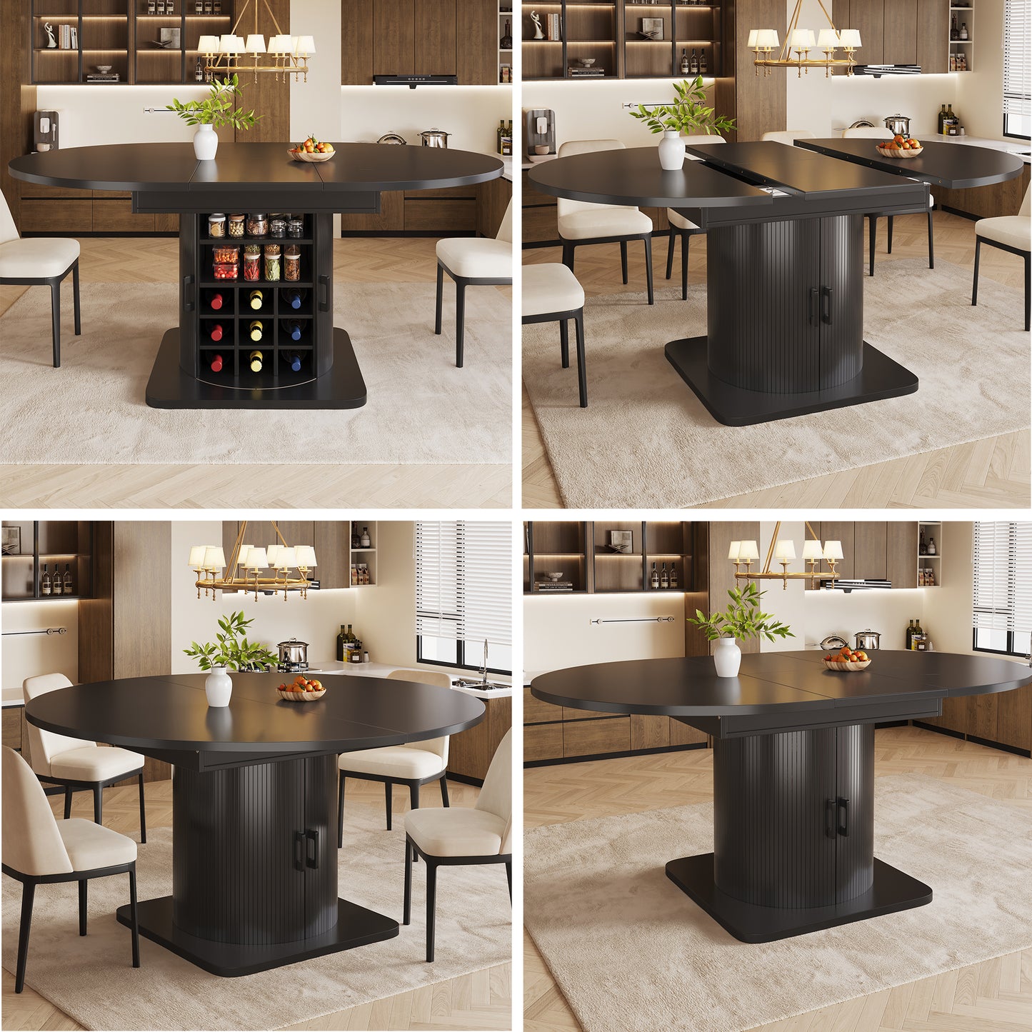 Extendable Dining Table With Storage, Multifunctional Folding Table With Wine Rack, Space-saving Kitchen Table For Small Rooms And Dining Rooms, MDF Tabletop, Black