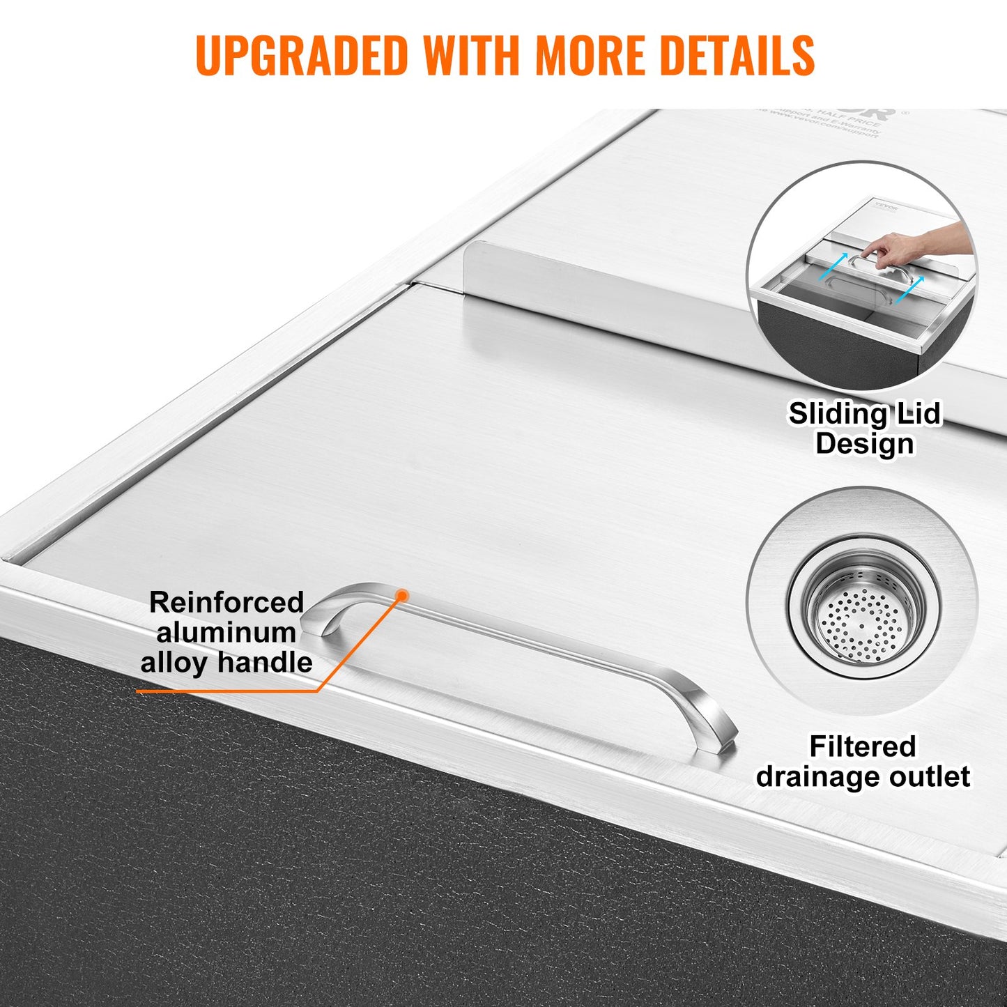 Drop In Ice Chest, 61 Cm L X 46 Cm W X 33 Cm H Stainless Steel Ice Cooler, Commercial Ice Bin With Sliding Cover, 38.7 L Outdoor Kitchen Ice Bar, Drain-pipe And Drain Plug Included, For Cold Wine Beer