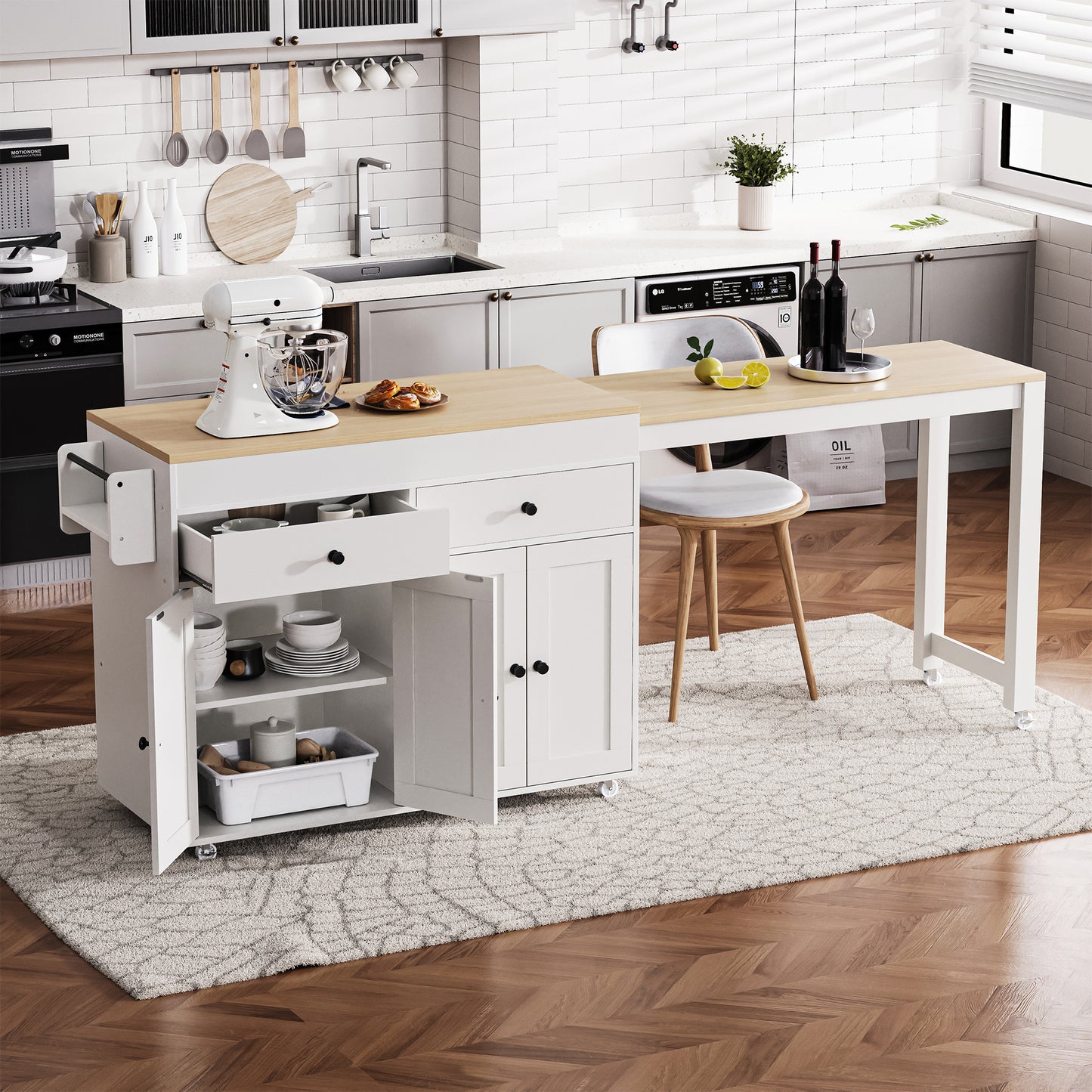K&K 74.5 Inch Kitchen Island With Extendable Dining Table , Rolling Kitchen Island On Wheels With Spice Rack And 2 Drawers, 4 Door Cabinet, For Kitchen, Dining Room, White  One Package