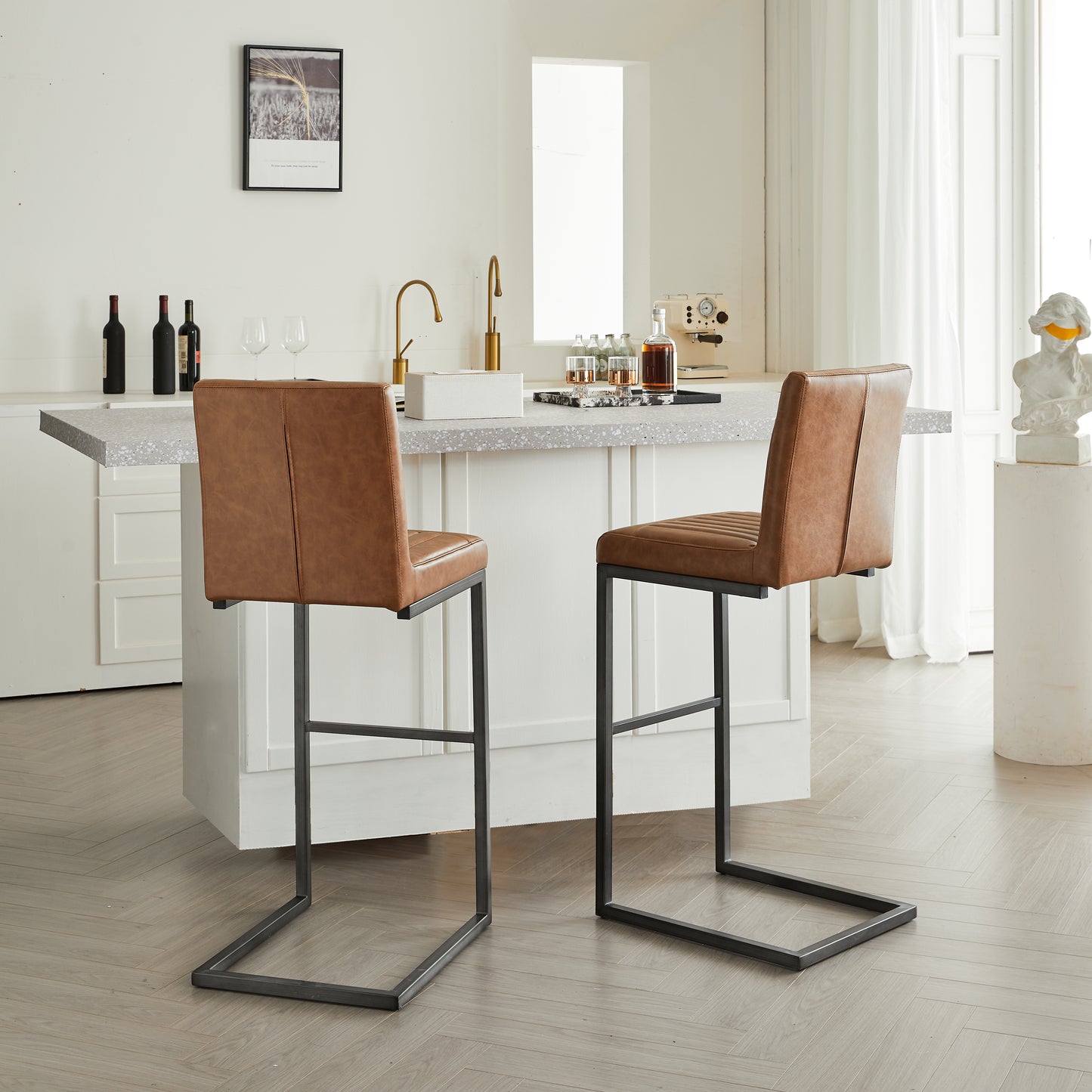 Back Brown Faux Leather Bar Stool  Sturdy Black Metal Frame & Padded Seat  Stylish Seating For Kitchen Island  Home Bar & Dining Counter 2 Sets