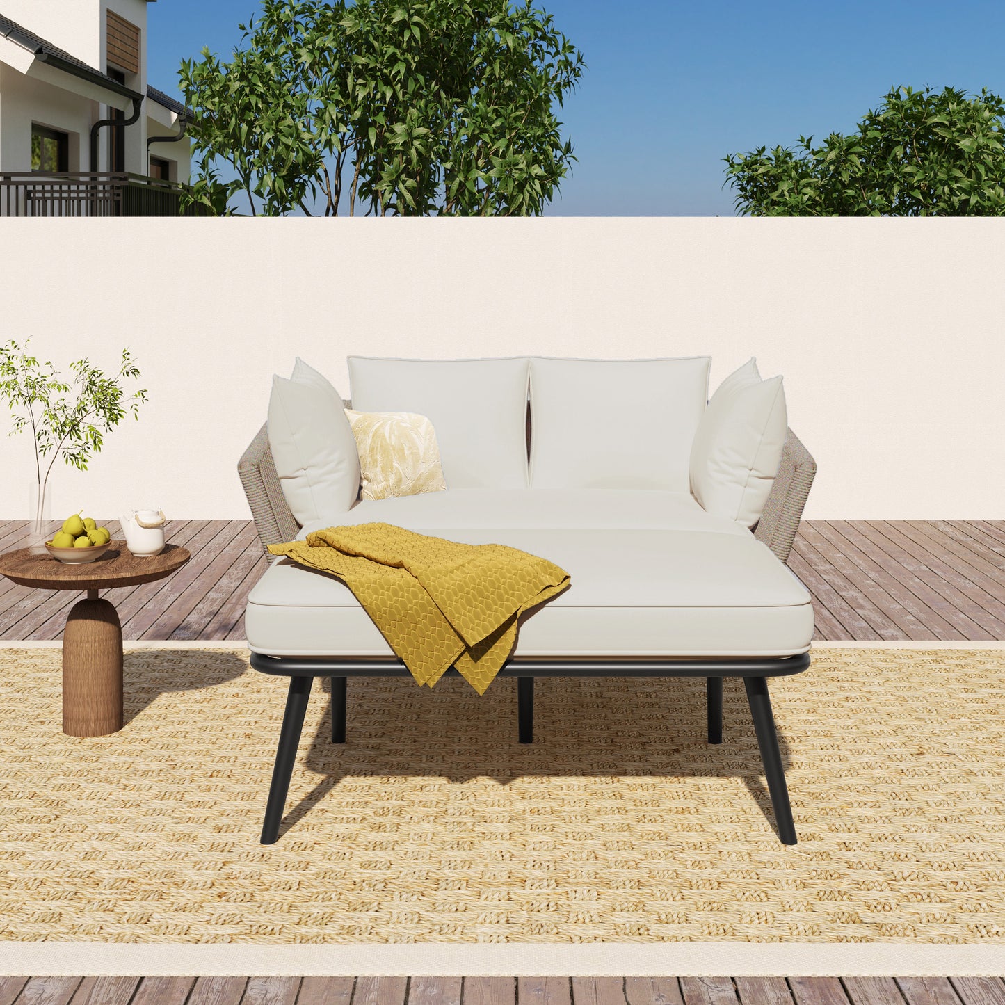 Garden Sofa With 2 Cushions And 2 Cushions,outdoor Sun Lounge, Garden Lounge, Balcony Furniture Set, Lounge Furniture, Terrace Furniture,cushions Are Removable And Washable,beige Fabric  Khaki Rope