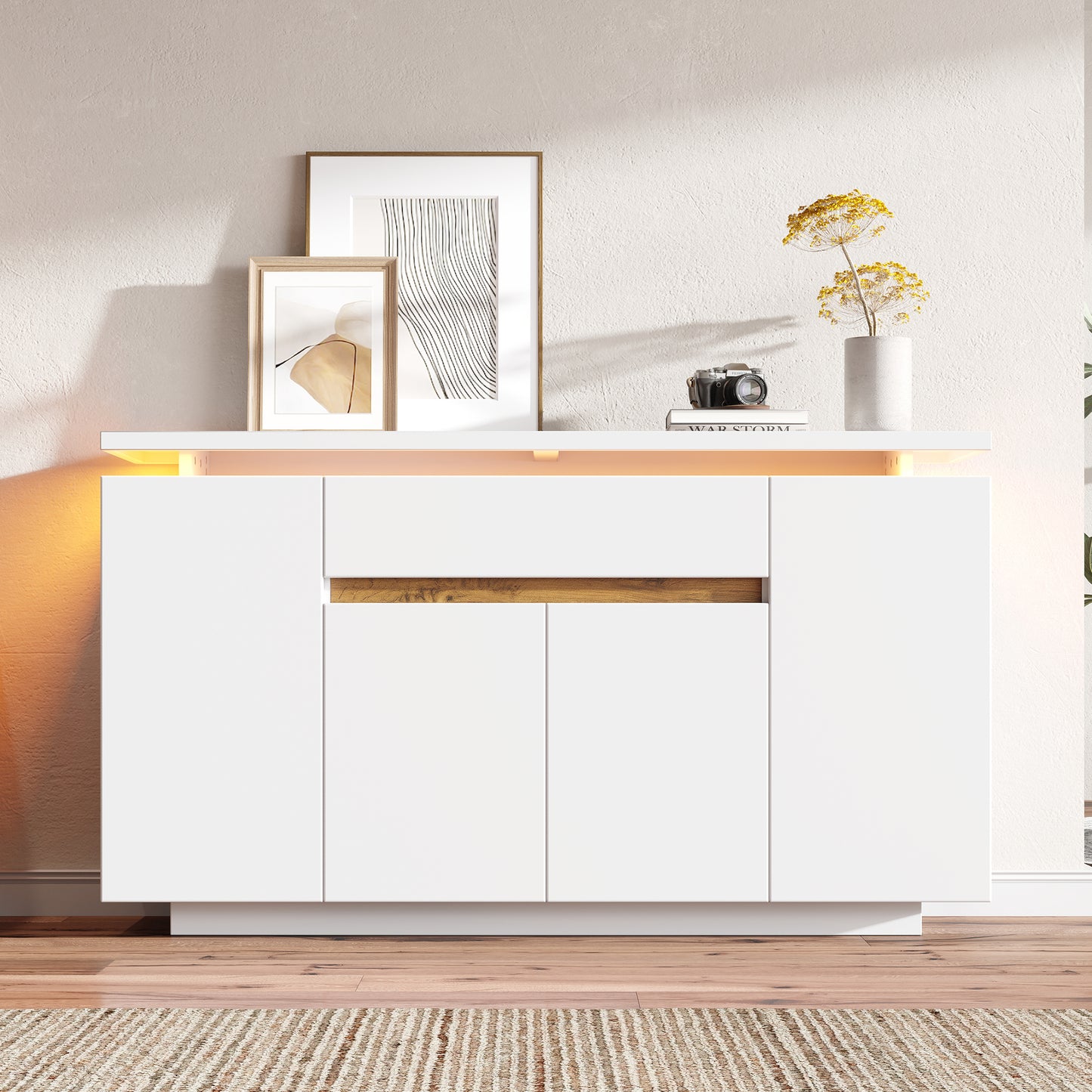 Modern LED Sideboard, 1 Drawer & 4 Doors Storage Cabinet, White  Natural, Perfect For Living Room, Hallway, Or Kitchen, Dimensions  140 X 40 X 80 Cm