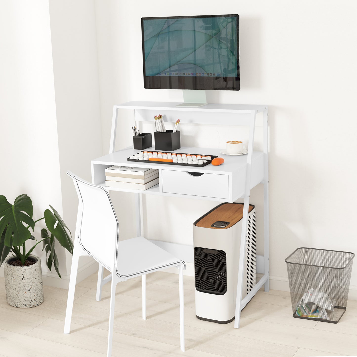 Home Office desk, Computer Desk for Small Spaces, Study Table with Drawer and Storage Shelves, White