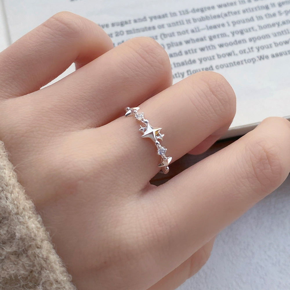 S999 Fine Silver Four-pointed Star Zircon Ring Korean Style Women Jewelry