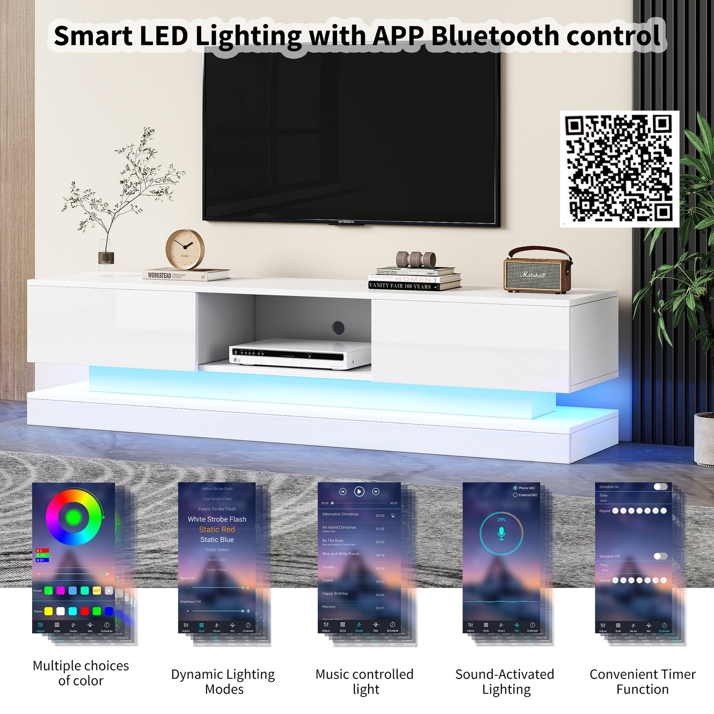 160x35x40.5cm White High Gloss TV Cabinet With LED Lighting, 2 Drawers, App Control, Anti-Tilt Design, For 60 Inch TV,tv Board,tv Lowboard