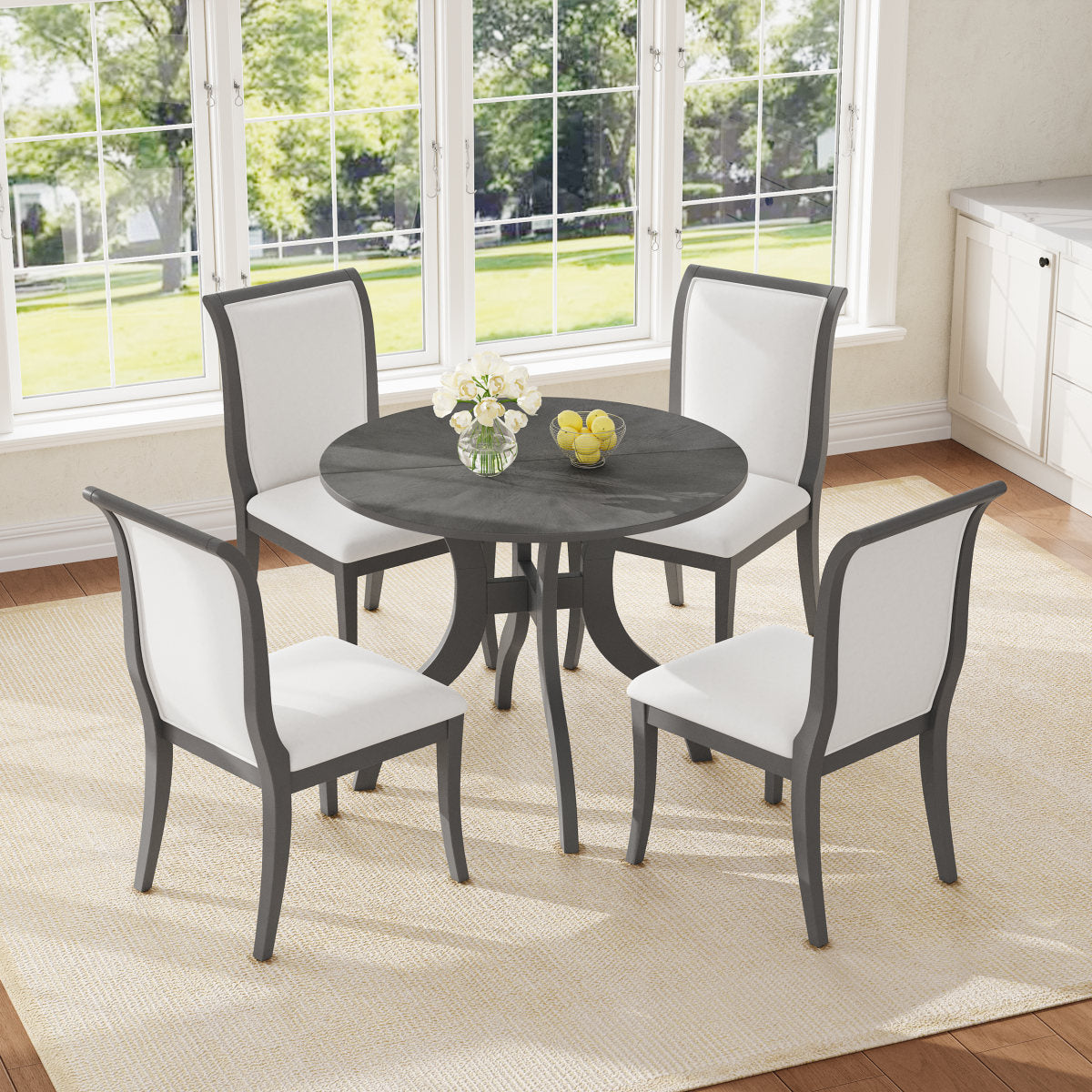 Oak Gray Dining Table Set:39.4" Round Table + 2 Chairs - Traditional Solid Wood Kitchen Set with Inlaid Tabletop, Elegant Curved Legs for Dining Room