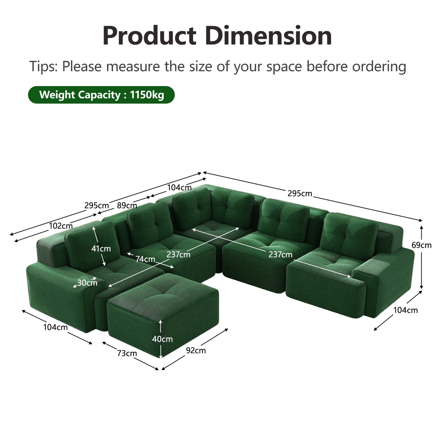 Frameless Sofa For Living Room, Office Sofa, Modular Combination Sofa With Ottoman, Comfortable Upholstered Low Seat Sofa In Corduroy, No Assembly Required, Non-slip Design, Green