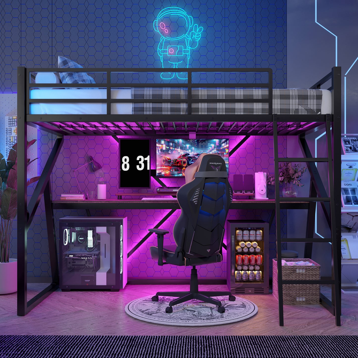 Loft Bed, 90 X 200cm, Iron Frame, LED Strip, Railing, Stairs, Desk, Without Mattress, Black
