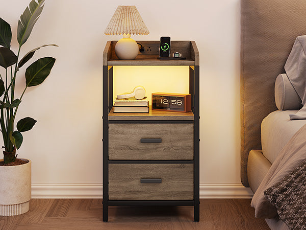 Nightstand With Charging Station Modern Bedside End Side Table With Guardrail Storage Shelf 2 Fabric Drawers USB Ports AC Outlets