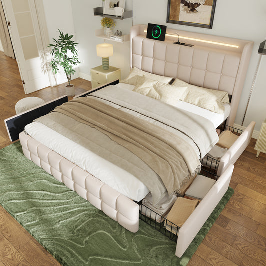 Upholstered Bed With Charging, USB Charging Function, Headboard And LED Lighting And 4 Drawers, Double Bed 160x200cm, Storage Beds, Bed Frame, Wooden Slatted Base, Beige  Without Mattress