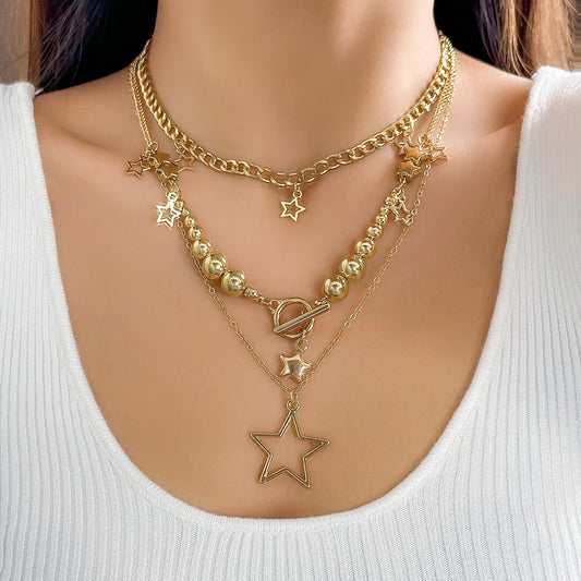 Cross-border European American Hip-hop Hot Girl Style Jewelry Set, Star Pendant Necklace With CCB Round Bead Metal Chain Women Neck Accessories