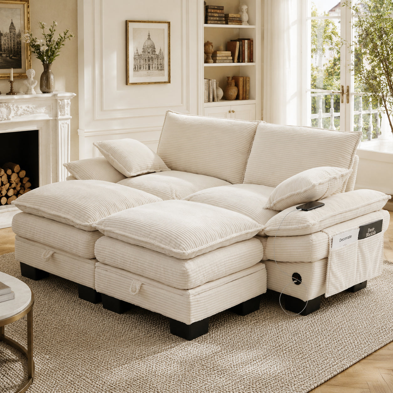 Modular 2-seater Corduroy Sofa  With 2 Stools  Wide Seat, Ergonomic Design, High-density Foam Padding, USB-C Port And Side Pockets. Ideal For Living Room, Office Or Lounge