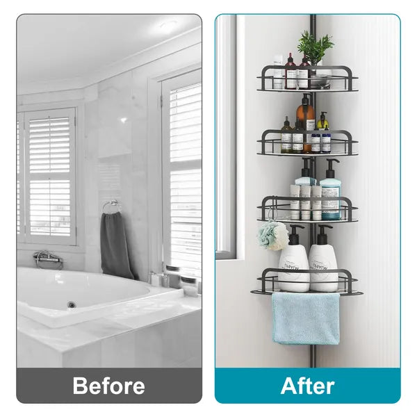 Corner Shower Caddy Tension Pole, Quick Setup, Rust-Free Bathroom Shower Organizer Corner For Bathtub Shampoo Storage, 4-Tier Adjustable Shelf, Drill Free, Fits 8.66 To 116 Inch Height, Black