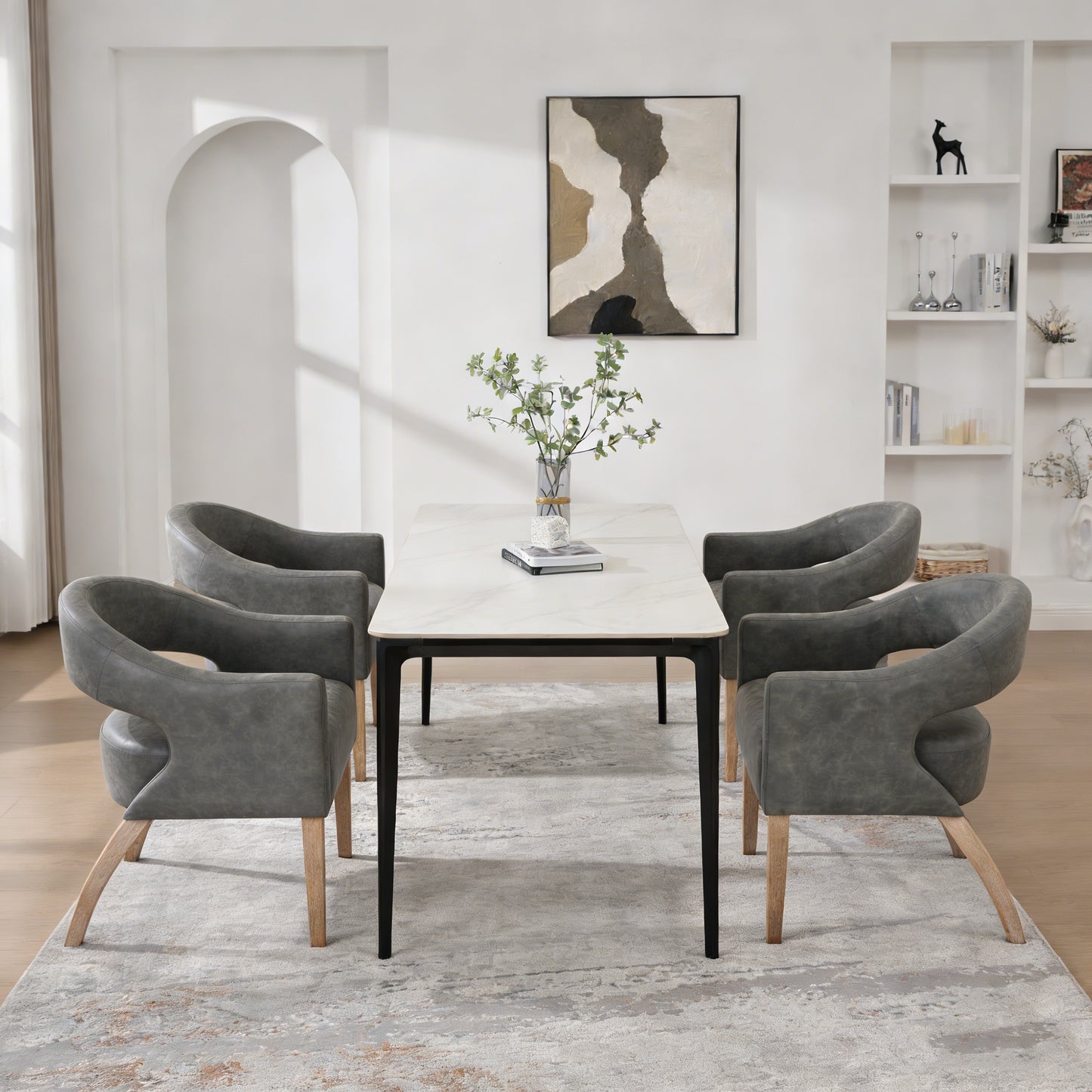Modern PU Open Back Dining Chair Set Of 4, Barrel Accent Armchair With Weathered Rubberwood Legs, Hollow-Out Club Kitchen Chair For Living Room Bedroom Restaurant Cafes Dining Room Reception, Gray