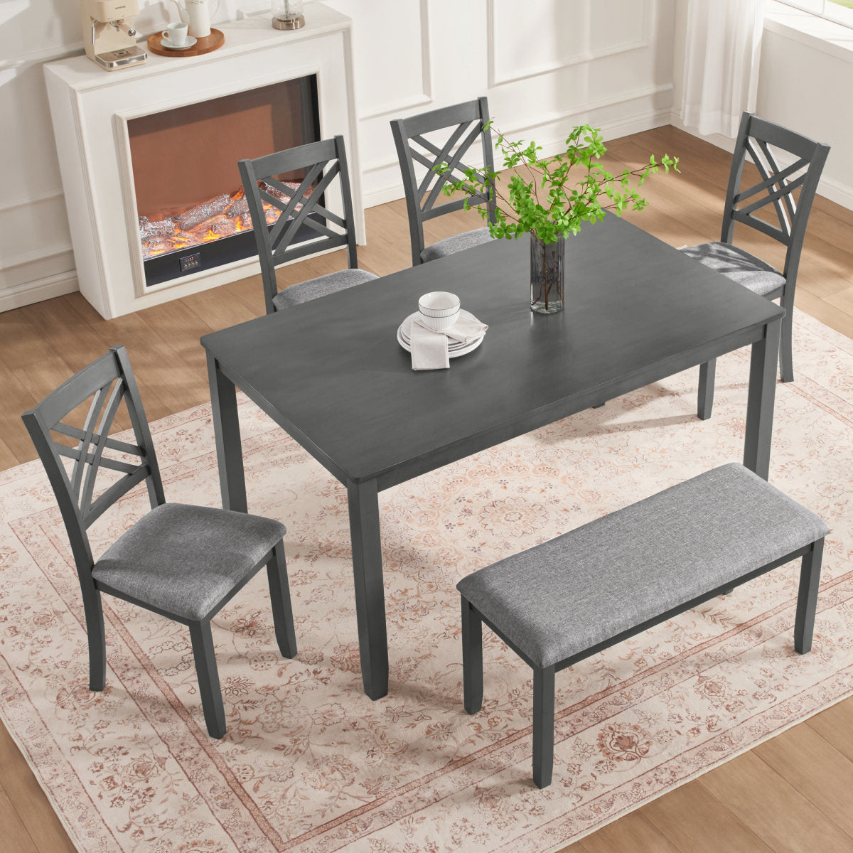 6 Piece Kitchen Dining Set, Rectangular Wooden Dining Table with 4 Upholstered Chairs and a Bench, Dining Table Set for 6 People, Living Room and Kitchen, Grey
