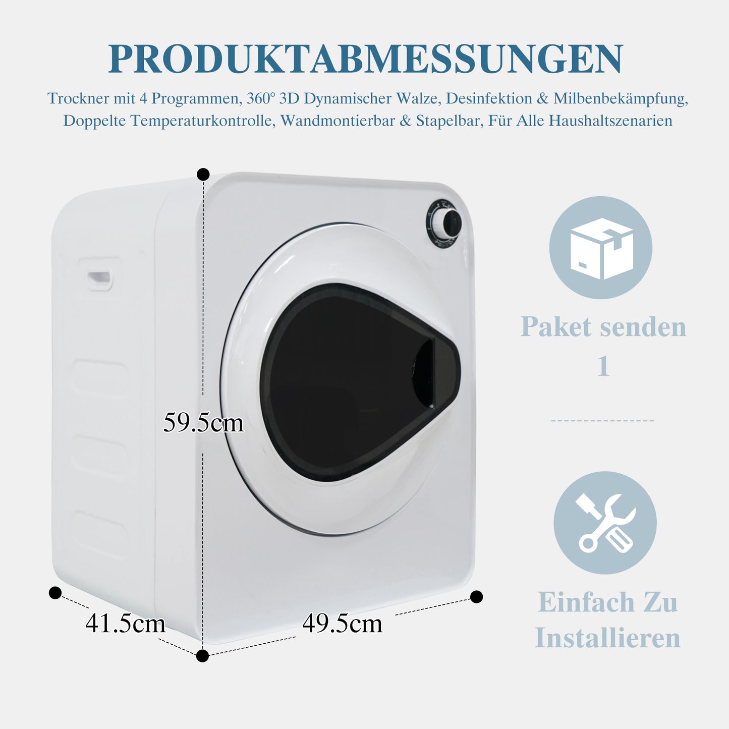 Heavy Duty Tumble Dryer   PTC Ceramic Heater & Stainless Steel Drum, 4 Programs Incl. Cooling Function, Double Safety, Stack Wall Mountable. PCM Housing, Nominal Capacity 3 Kg  Actually 4 Kg .