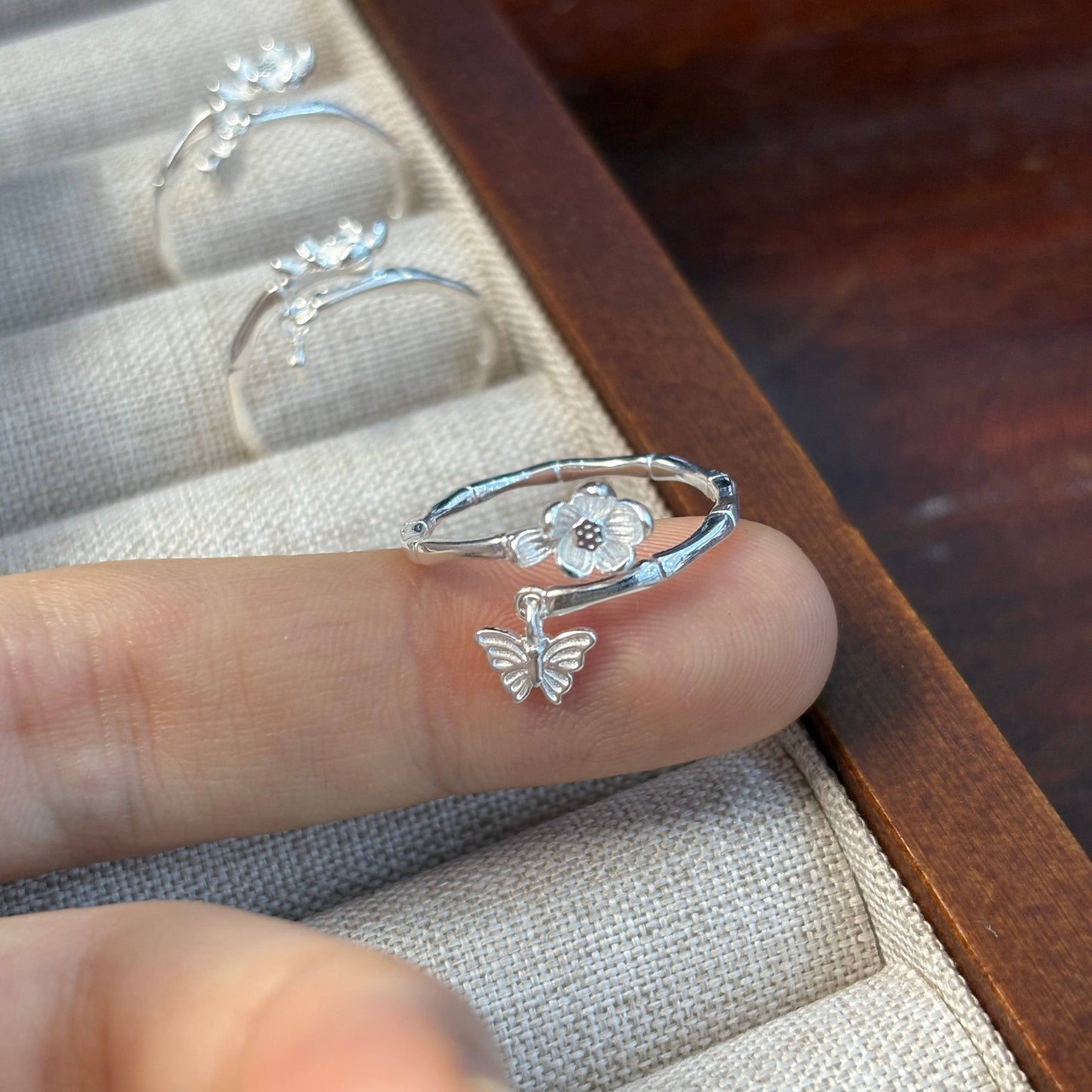 1pc 999 Sterling Silver Bamboo Flower And Butterfly Charm Open Ring, Fresh Style, Perfect For Daily Wear And Valentine's Gift