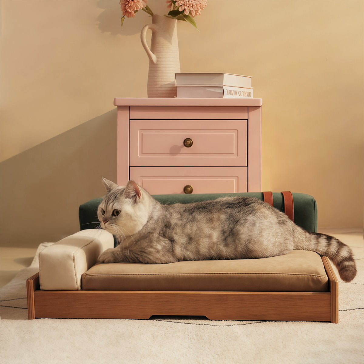 Modern Wooden Pet Bed For Cats & Dogs -Oak Veneer, Scratch-Resistant Fabric, Removable Cushion
