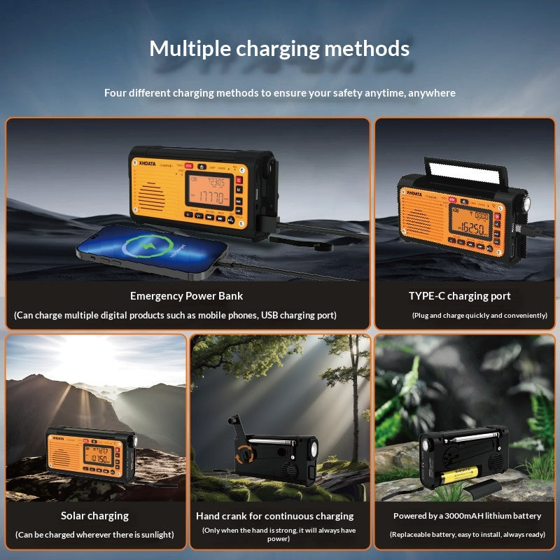Hand-cranked Solar-powered Radio With Outdoor Emergency And Bluetooth Charging Features