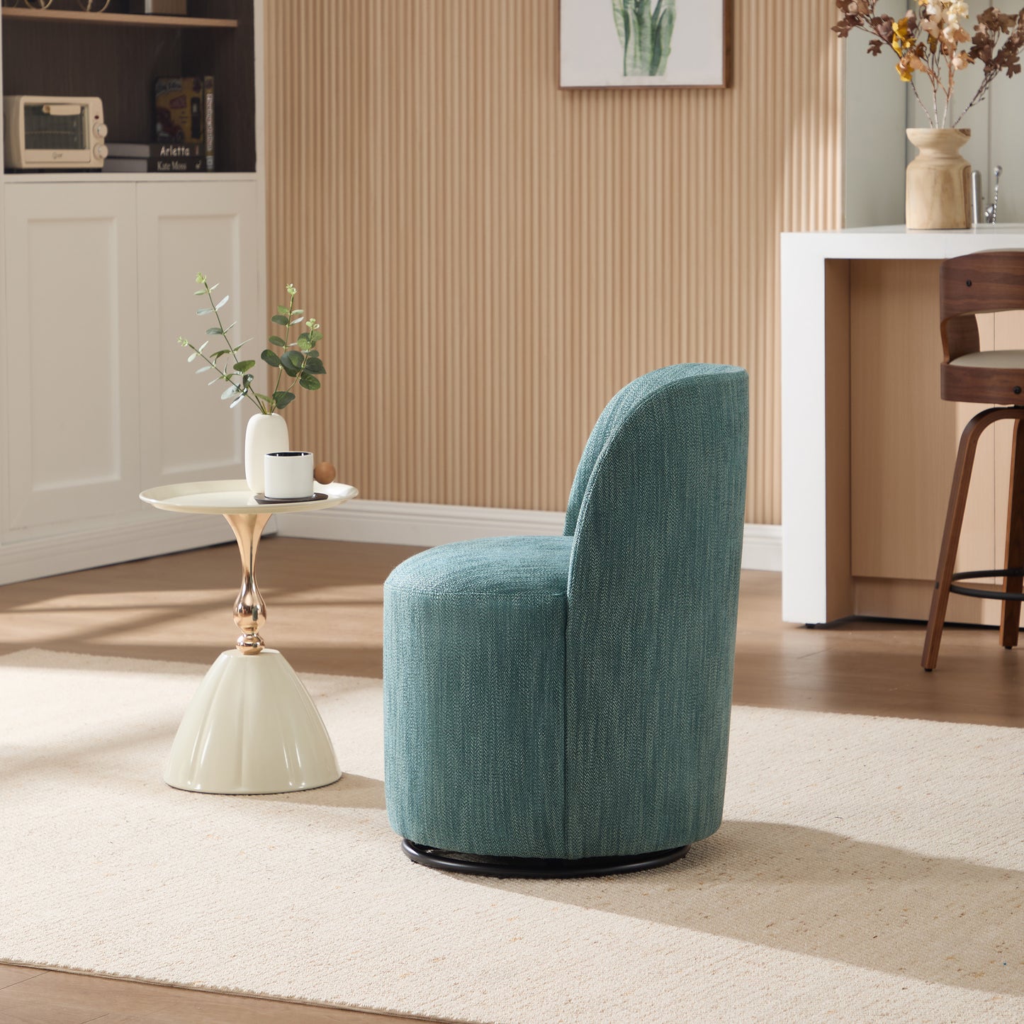 Set Of 1 Upholstered Kitchen & Dining Room Barrel Chair, Mid Century Modern Round Linen Dining Chair, 360 Degree Swivel Comfy Armless Accent Makeup Vanity Side Chair For Bedroom Living Room