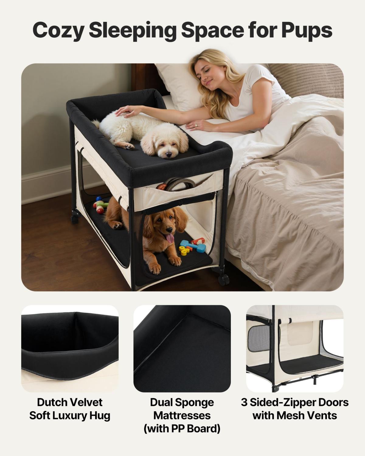 Elevated Lounge Pet Bed Foldable Bunk Dog Bed With Wheels & Side Bags L