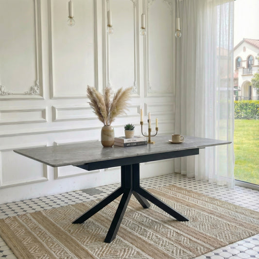 Modern Rectangular Dining Table With Light Gray Painted MDF Top And Sturdy Geometric Metal Legs, Contemporary Kitchen Table For Dining Room, Office Or Small Spaces  Light Gray Marble, 1 Table