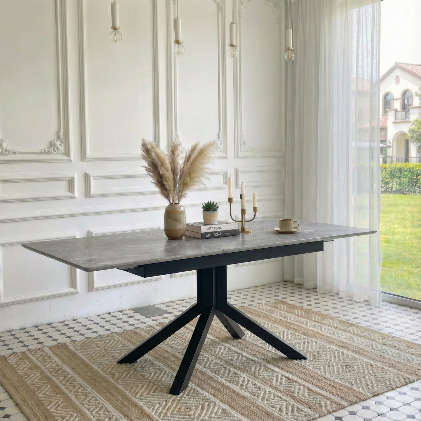 Modern Rectangular Dining Table With Light Gray Painted MDF Top And Sturdy Geometric Metal Legs, Contemporary Kitchen Table For Dining Room, Office Or Small Spaces  Light Gray Marble, 1 Table