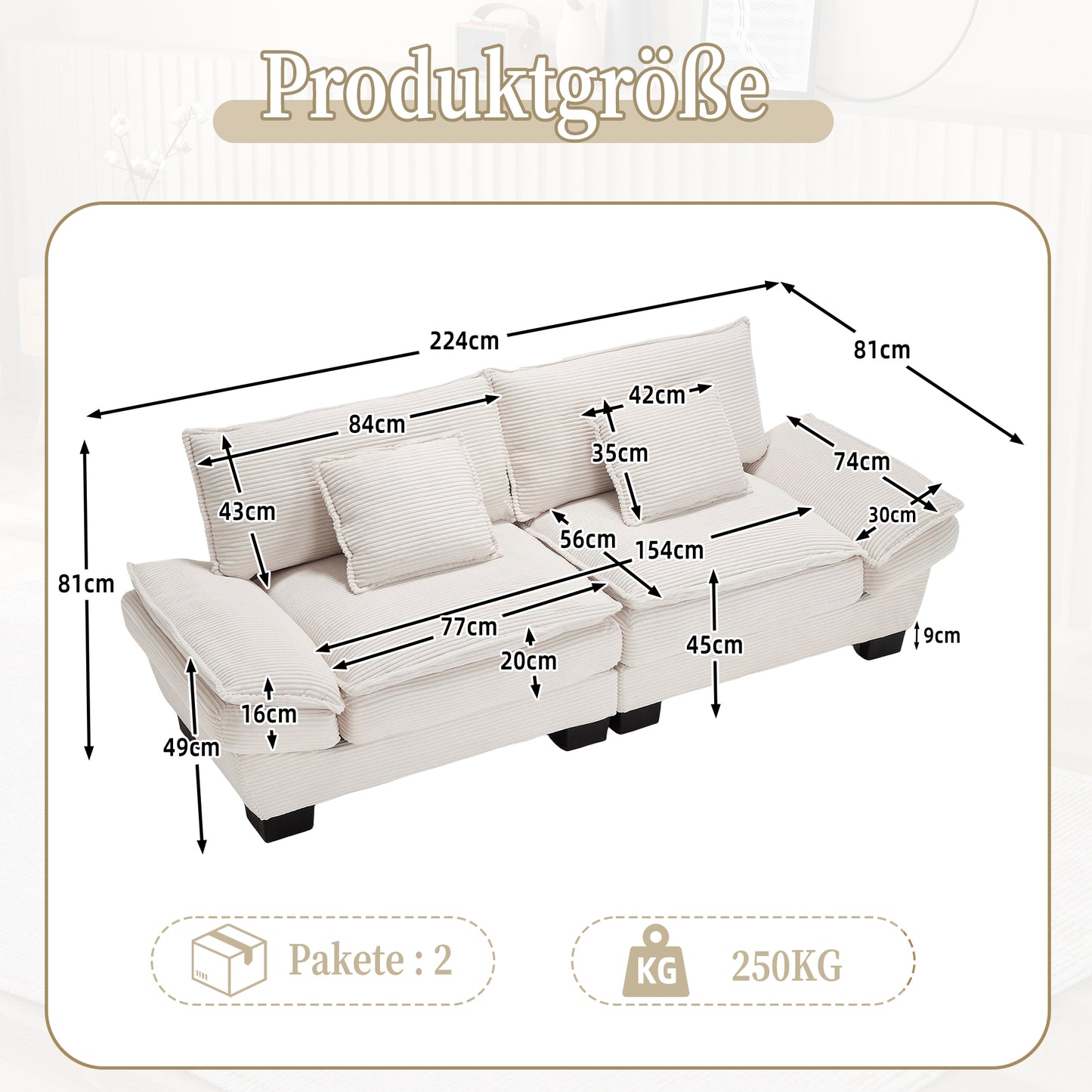 A Modern, Simple Double Sofa With A Feather Bed, That A Pillow Is Handy, But Spacious And Spacious In The Living Room Bedroom Office, Beige