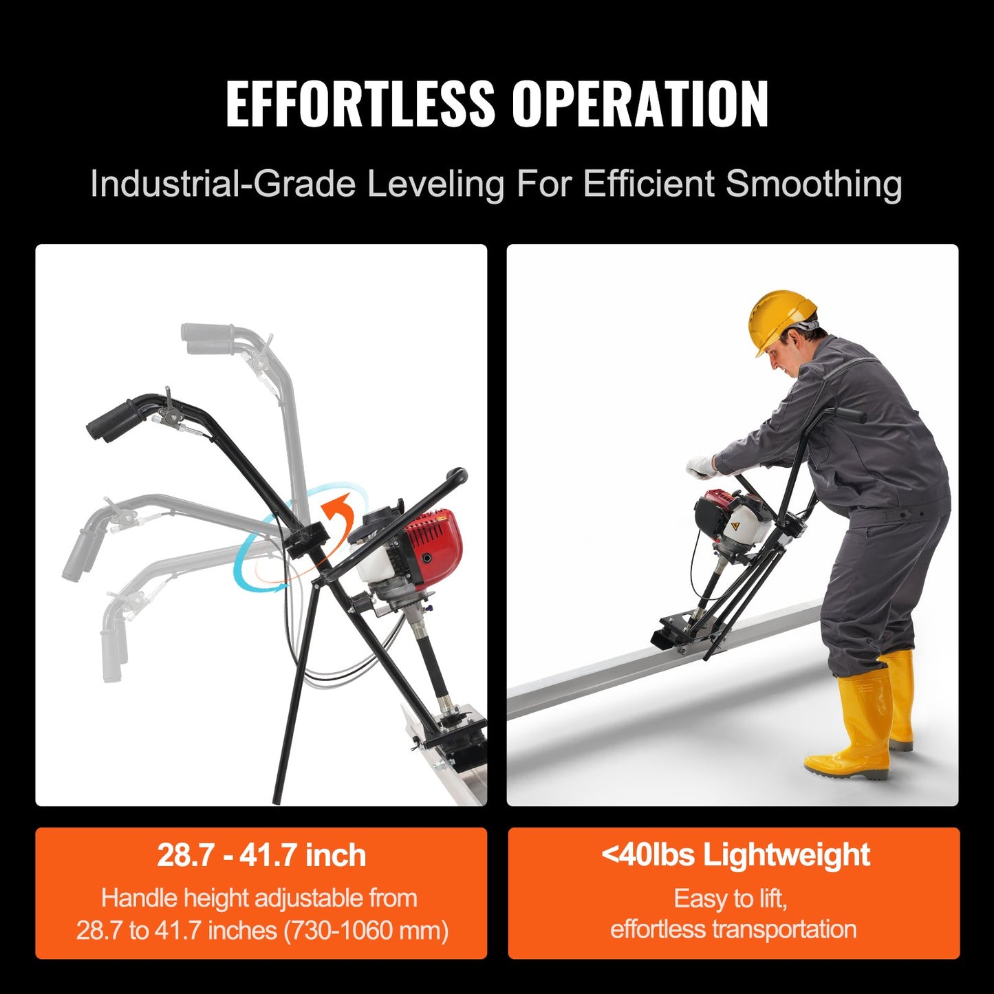 Gas Concrete Power Screed, 11ft Aluminum Board Straight Edge Bar Set, 4 Stroke Cement Finishing Vibrating Motor With Height Adjustable Handles, High Efficient Concrete Tools 6500RPM