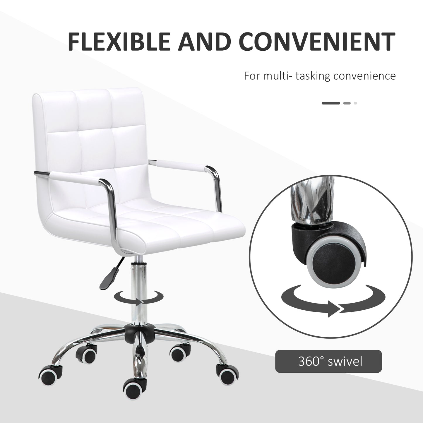 Vinsetto Makeup Vanity Chair, PU Leather Mid Back Office Chair With Adjustable Height, Armrest And Rolling Wheels, White