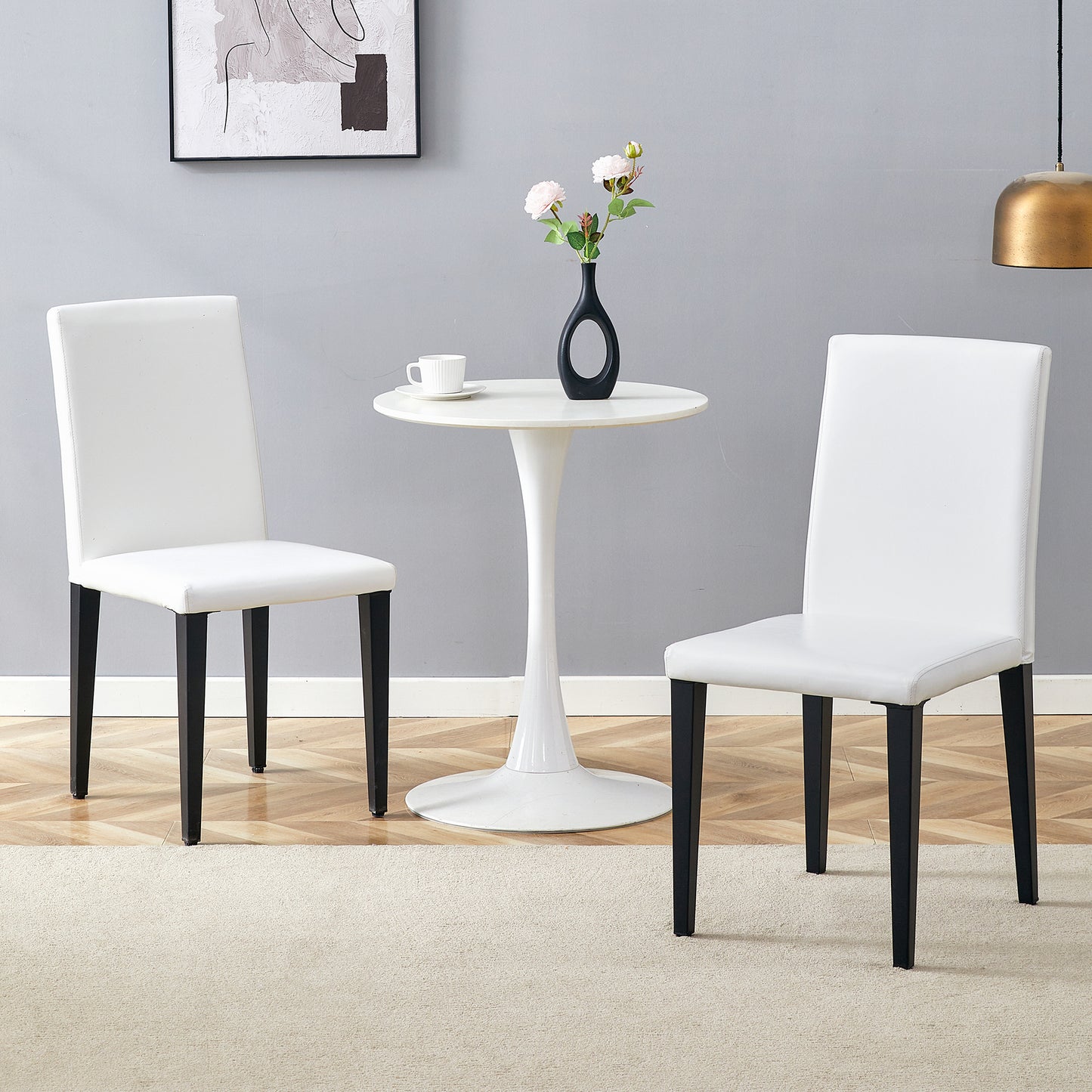 Set Of 2 White PU Dining Chairs 35.4in High, 18.5in Ergonomic Backrest, 17in X 16in Sponge Seat, Perfect For Dining Room, Home Office & Living Space, Stylish & Comfortable.Black Metal Leg.