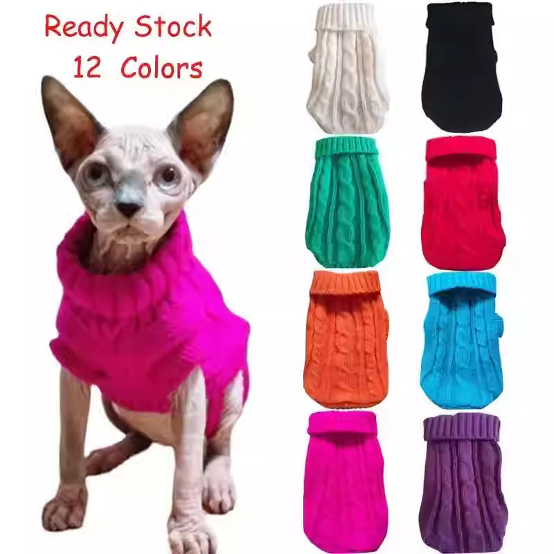 Knitted pet clothing for hairless cats