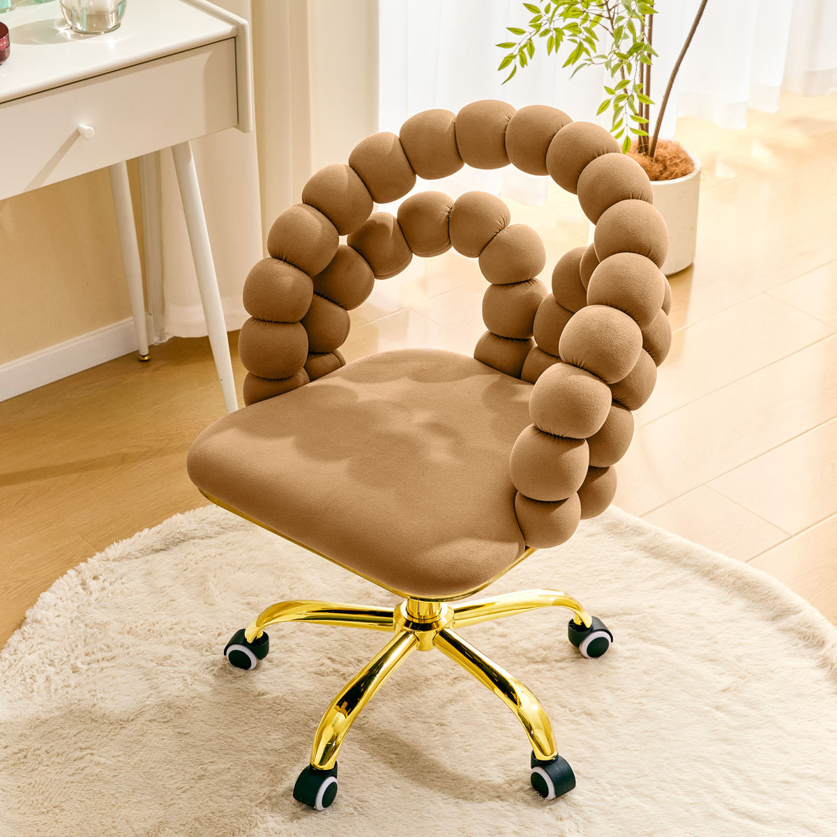 Velvet Bubble Back Swivel Office Chair, Adjustable Height Cute Vanity Chair With Gold Base & Wheels For Bedroom, Makeup Room.