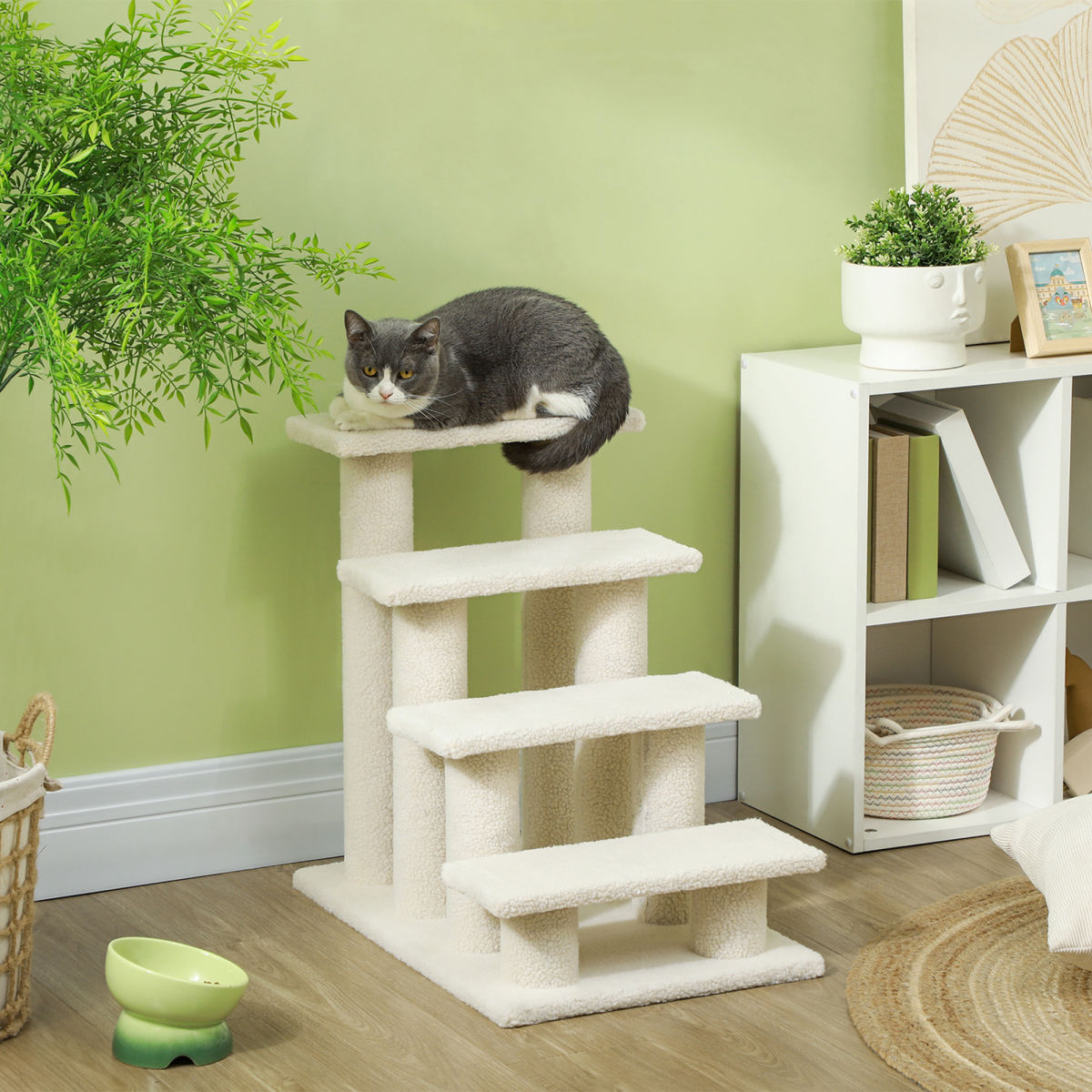 PawHut Dog Steps For Bed 4 Step Pet Stairs For Sofa Dog Cat Climb Ladder 63x43x60 Cm Cream