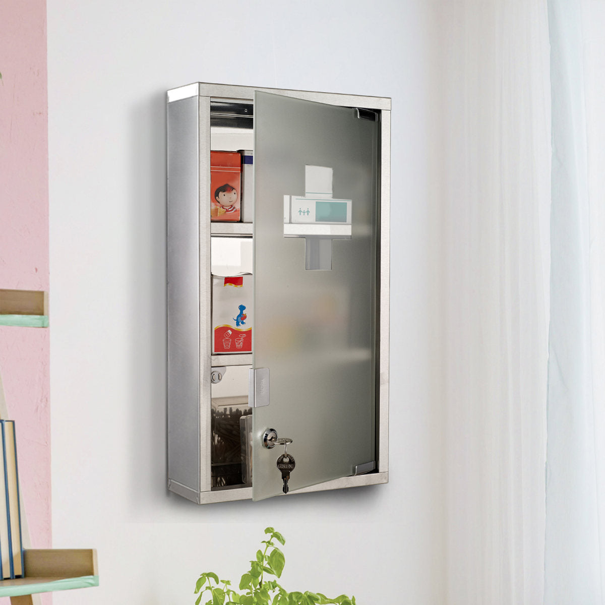 Medizinschrank Aus Edelstahl Arzneischrank Zur Medikamenten-Aufbewahrung, Abschließbar Medikamentenschrank Mit 3 Fächer, Glastür 25 X 12 X 48 Cm, Silber