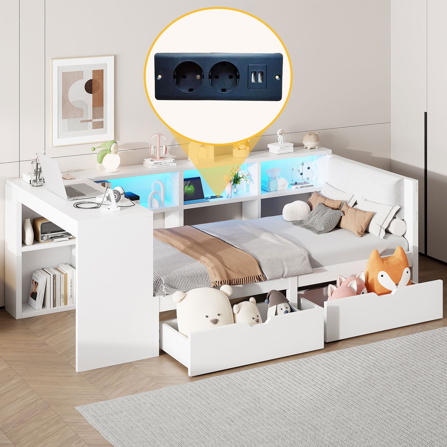 90x200 Wooden Platform Bed With Shelves, Drawers, Charging Station And Upholstered Headboard, With Colorful LED Lights, White