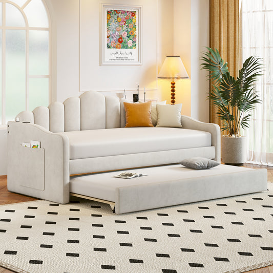 Twin Size Upholstered Daybed With Trundle ,Velvet Sofabed With USB Charging Ports,No Box-spring Needed,Beige
