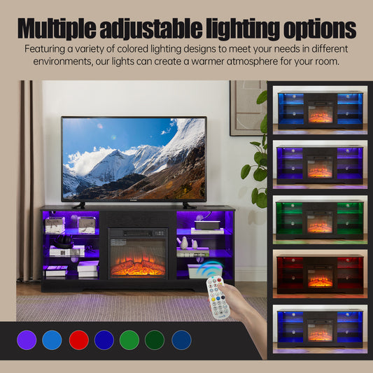 TV Stand Electric Fireplace TV Stand With Glass Shelves, 3D Fireplace TV Stand With LED Lights Wood With USB Charging Outlet Modern Television Table Center For TV Up To 32-62 Black 58Wx15.4Dx24.4