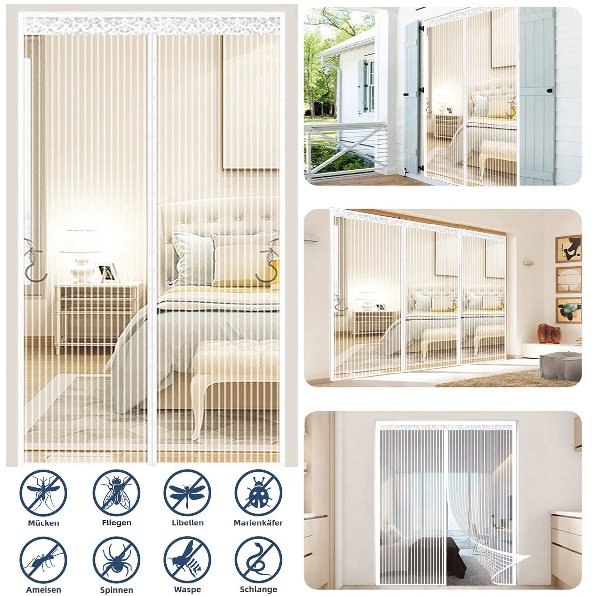 Summer Magnetic Screen Door - White Striped, Easy To Install, Strong Magnet, Automatically Closes Mosquito Net Curtain, Pet Tested, Suitable For Bedroom, Kitchen, Living Room, Dining Room And Balcony,