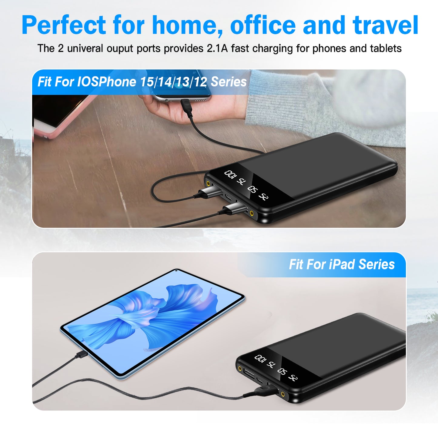 1Pc 10000mAh Power Bank Portable Ultra Slim Charger External Battery Pack With 2 USB Output Ports Charging Cable LED Flashlight Compatible With IOSPhone 15 And More