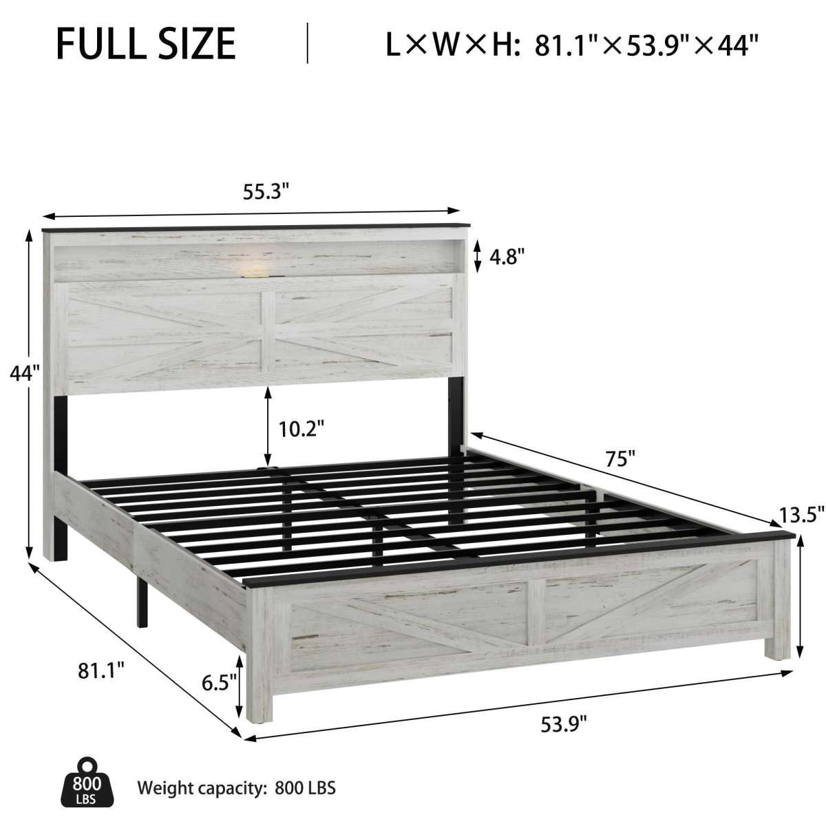 Full Floating Bed Frame With LED, Charger & Hidden Storage, White & Gray