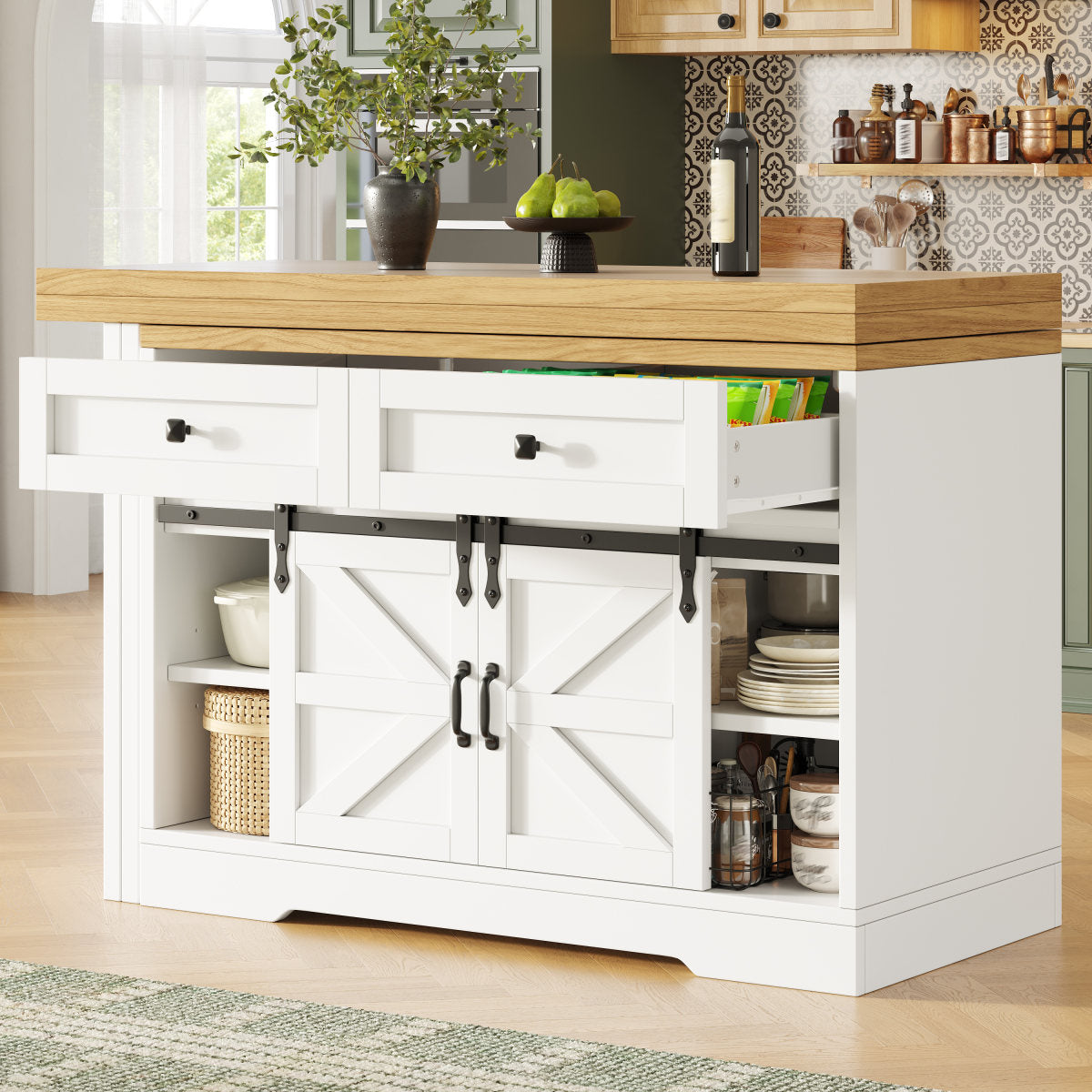 Extendable Sideboard & Dining Table Combo, Kitchen Storage Cabinet With Adjustable Shelves & Drawers, Multi-Functional & Space-Saving , White