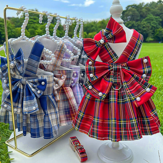 Pet JK-style Plaid Dog Dress With Leash Accessories