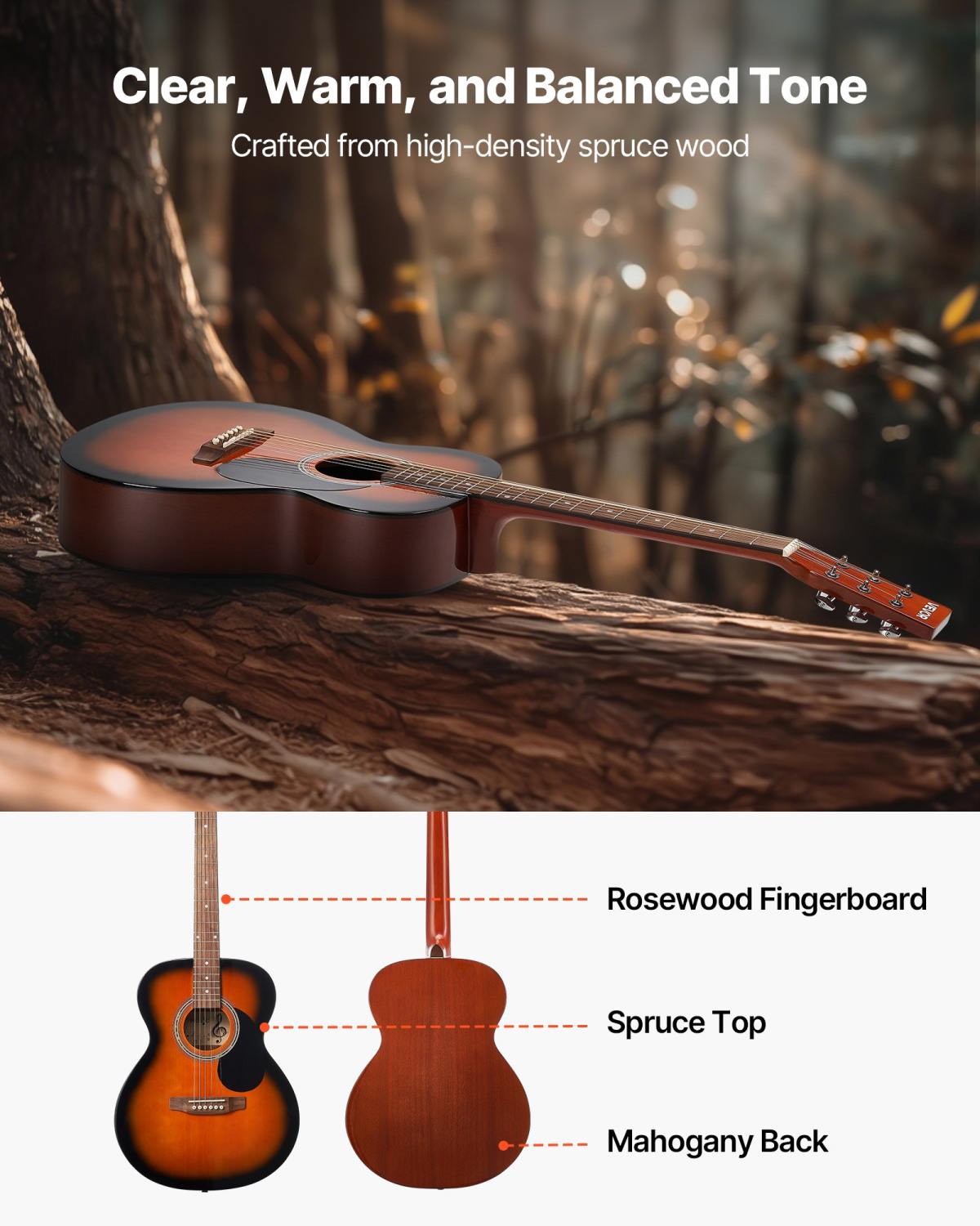 Dreadnought Acoustic Guitar, 40 In, 6-String Sunburst Solid Top Guitar, Beginner Bundle With Gig Bag, Tuner, Strap, Steel Strings, Picks, Capo, Rosewood Fingerboard, For Adults, Skilled Players