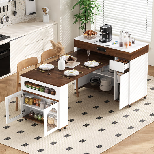 TREXM Extendable Dining Table With Extra-Long Folding Top  Rolling Kitchen Island With Drawers  Power Outlet And Brake Lock  Storage Cabinet For Kitchen And Dining Room  Walnut   Creamy White